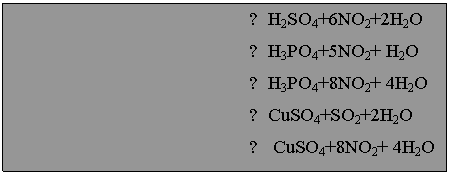 : 				→H2SO4+6NO2+2H2O
				→H3PO4+5NO2+ H2O
				→H3PO4+8NO2+ 4H2O
				→CuSO4+SO2+2H2O
				→ CuSO4+8NO2+ 4H2O
				→SnO2+4NO2+ 2H2O
				→B(OH)3+3NO2
